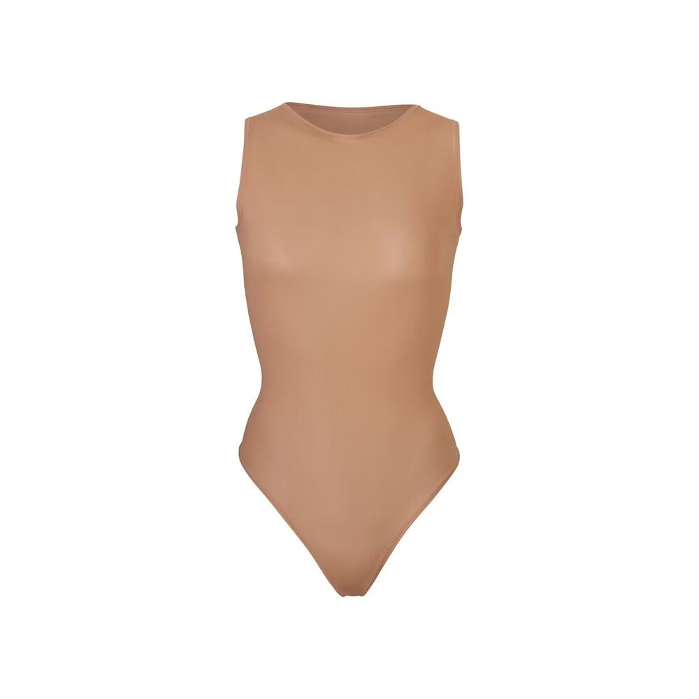 Skims Jelly Sheer Crewneck Thong Bodysuit Sienna Brown Size Small New